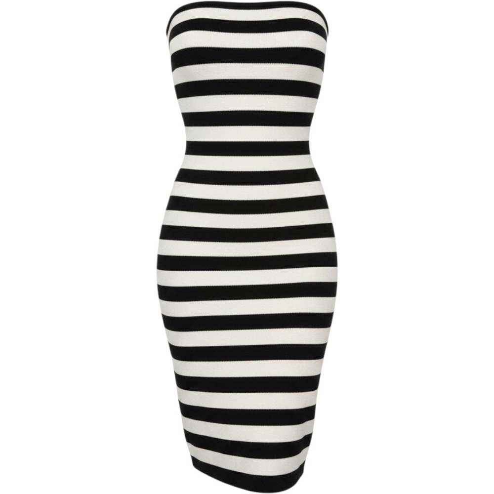 Vestique Womens Black White Striped Ribbed Knit Strapless Tube Midi Dress Size L